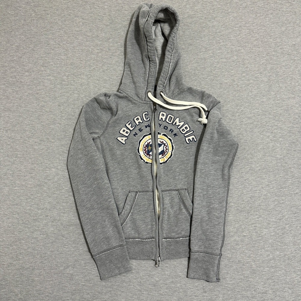 Abercrombie‎ & Fitch Womens Small Gray Full Zip Hoodie Y2K Collegiate Crest Logo